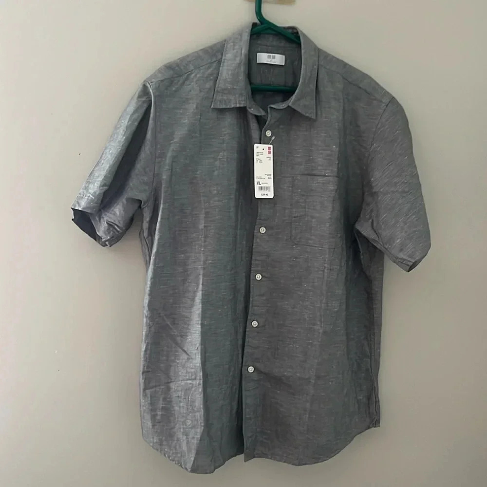 NWT Uniqlo Linen Cotton Short Sleeve Button Front Shirt XL Gray